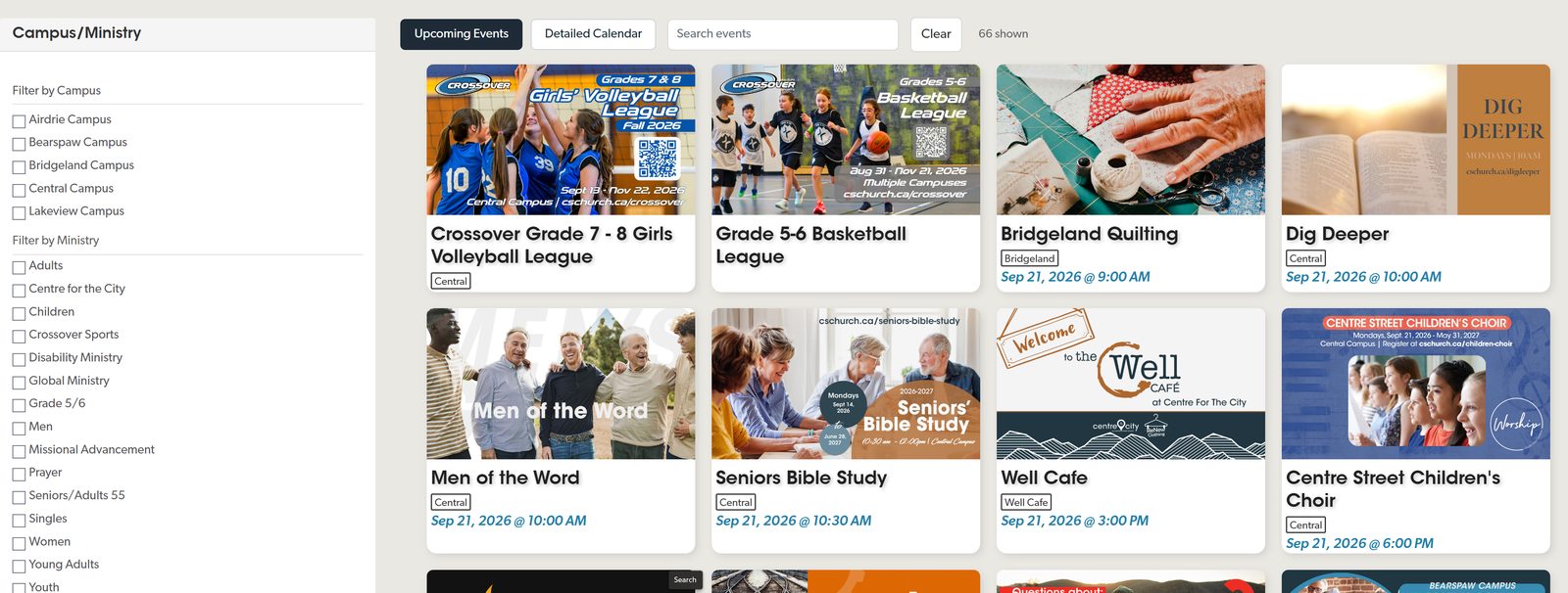Events page with campus and ministry filters beside a grid of event cards and a live result count