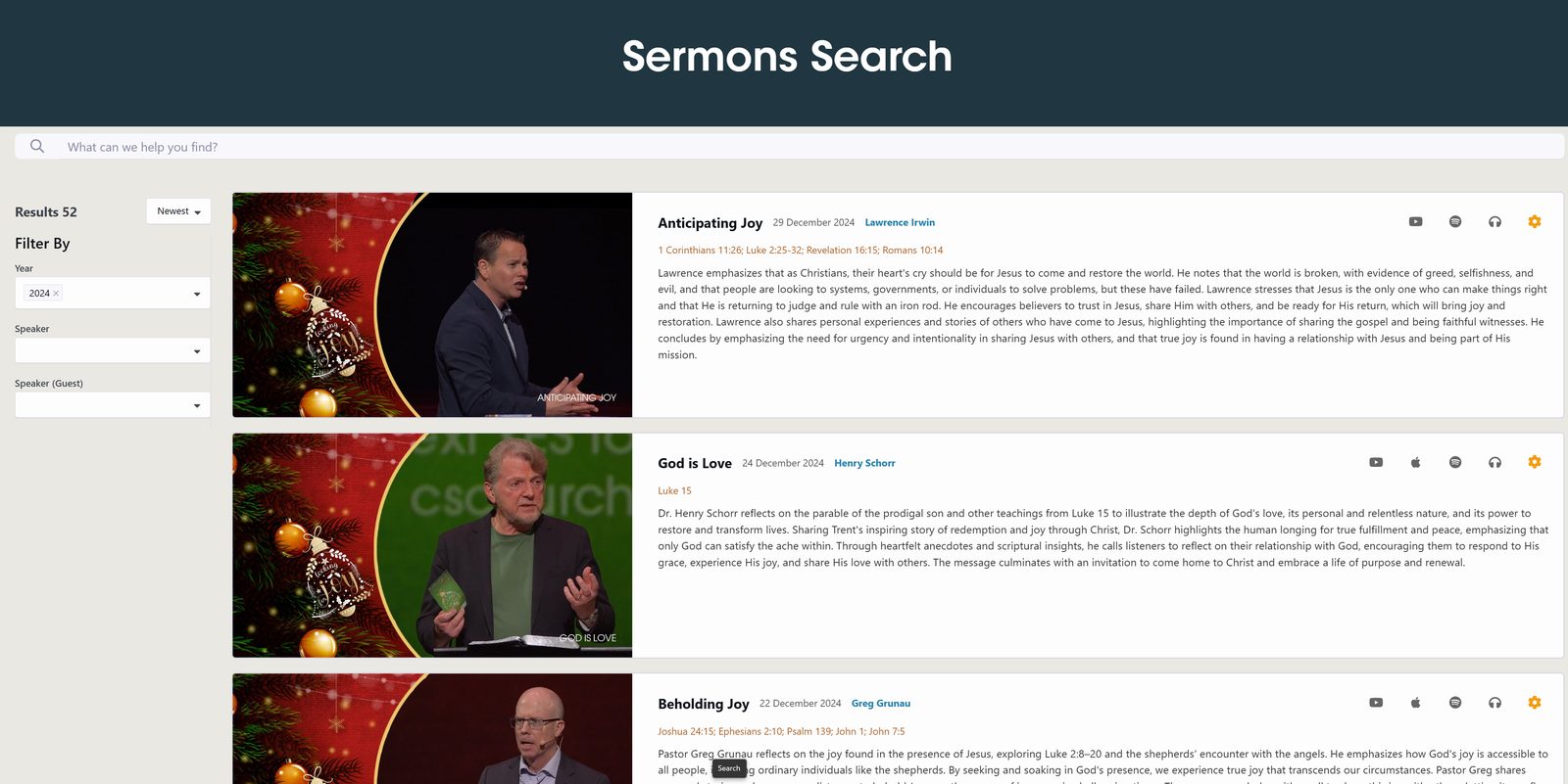 Sermons Search page with year and speaker filters beside results showing scripture references, summaries and platform links