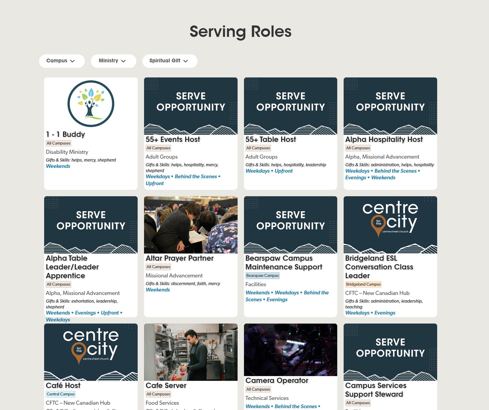 Serving Roles page with campus, ministry and spiritual gift filters above a grid of role cards